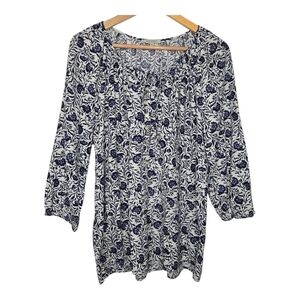 Anne Carson Womens Blue Floral Print Linen Blend Boho Tunic Blouse Size XL